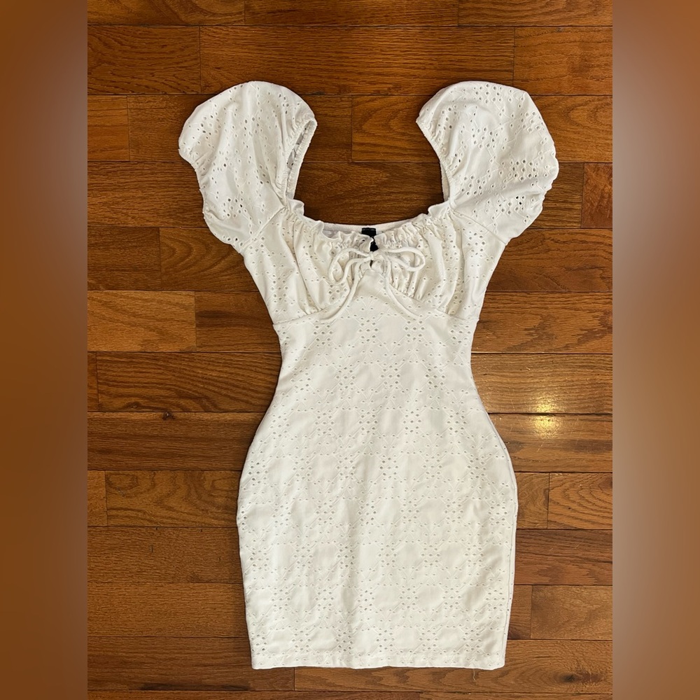 White Eyelet Puff-Sleeve Mini Dress